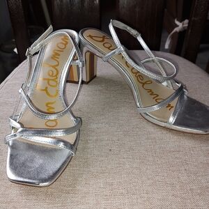 Sam Edelman Metallic Silver Strappy Block Heels Sandals Size 6.5